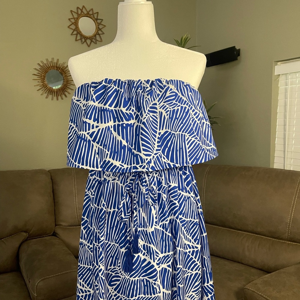 Blue & White Print Strapless Flowy Maxi Dress Sz L Large - Picture 7 of 12